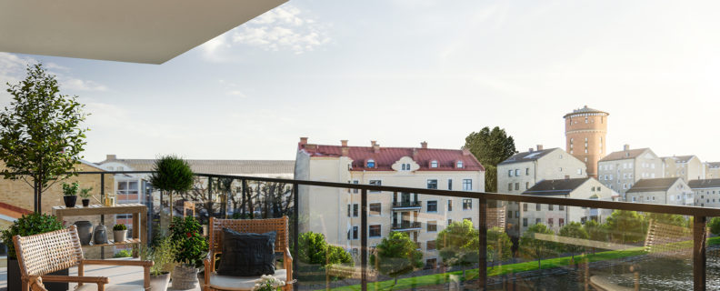 Utsikt från balkong i Brf Bryggpalatset, Inre hamn i Karlstad